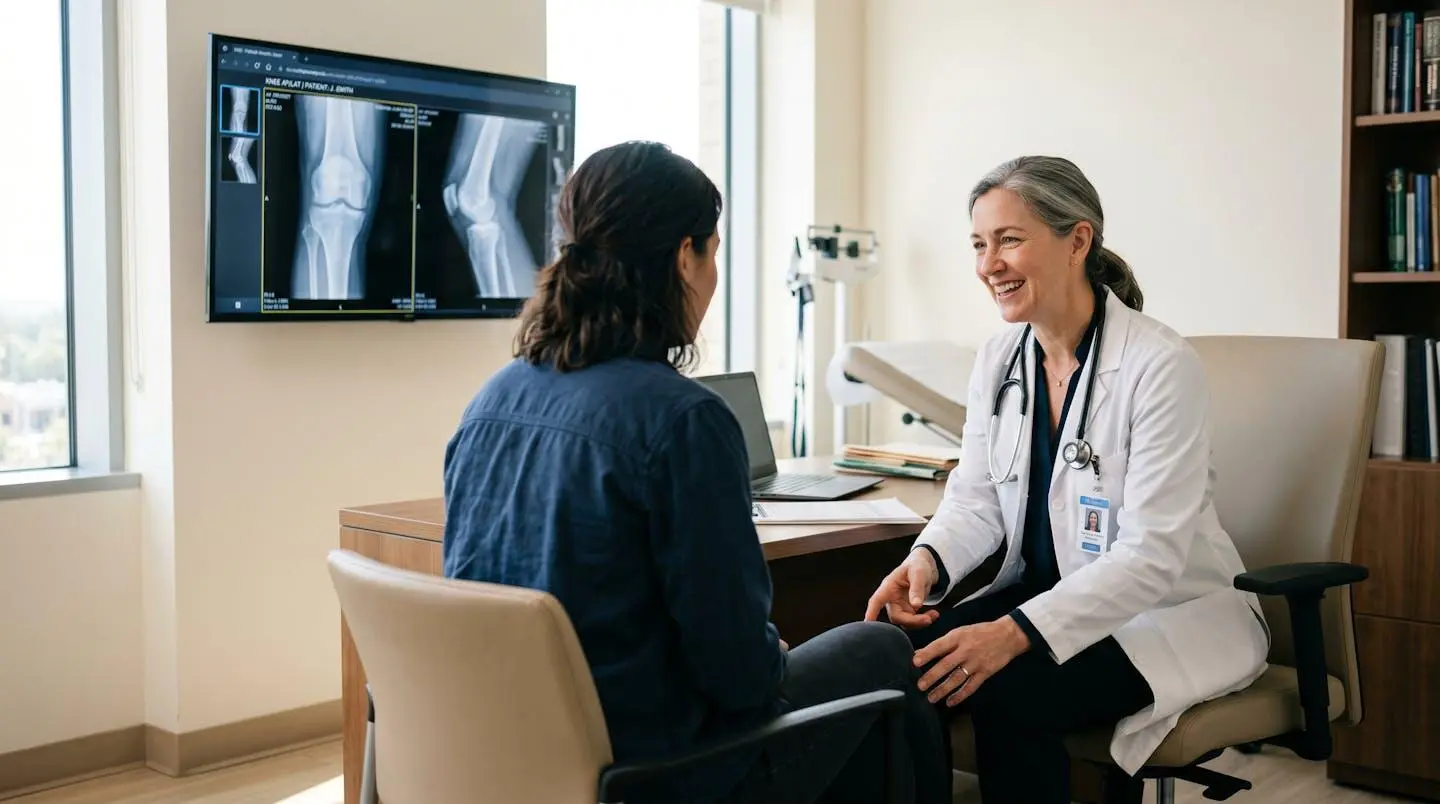 Chirurgien orthopédiste examinant des radiographies du genou avec une patiente.
