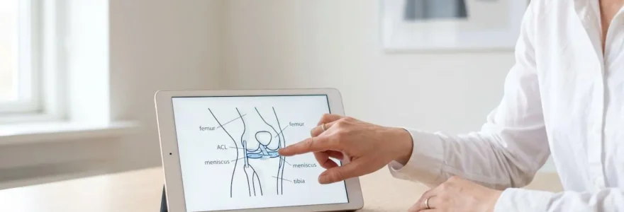 Main pointing towards an anatomical knee diagram on a tablet, symbolizing informed medical decision-making.