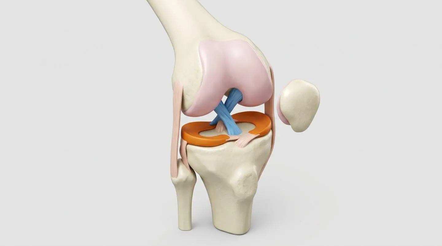 Vue éclatée du genou humain montrant les ligaments croisés, ménisques et cartilage.